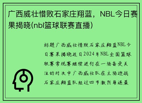 广西威壮惜败石家庄翔蓝，NBL今日赛果揭晓(nbl篮球联赛直播)